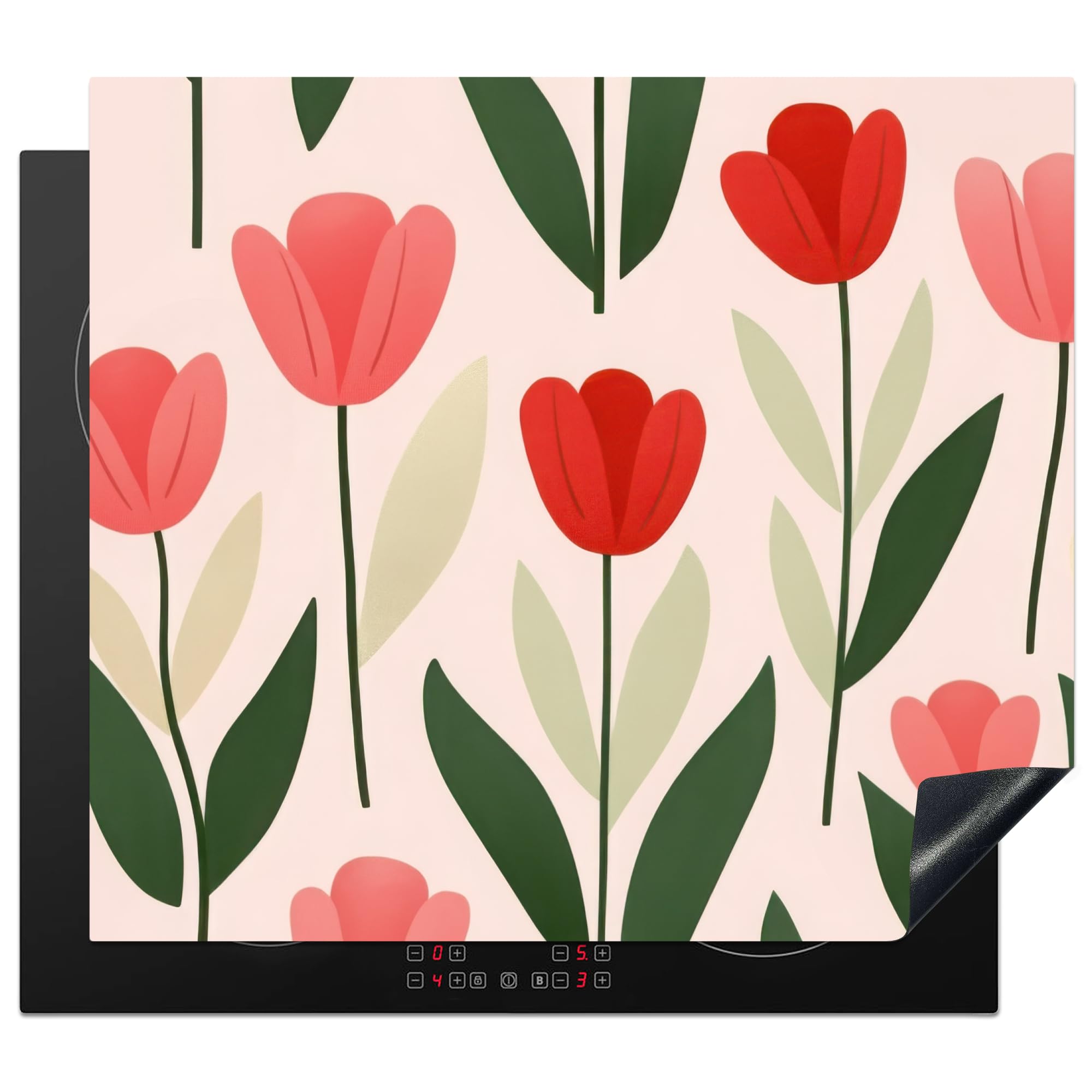 KitchenYeah© Induction Hob Protector Mat 20.5"x23.2" / 59x52 cm Stove Cap Top Cover Kitchen Cooker Covers for Electric Hobs Vinyl Tulips - Modern - Pink