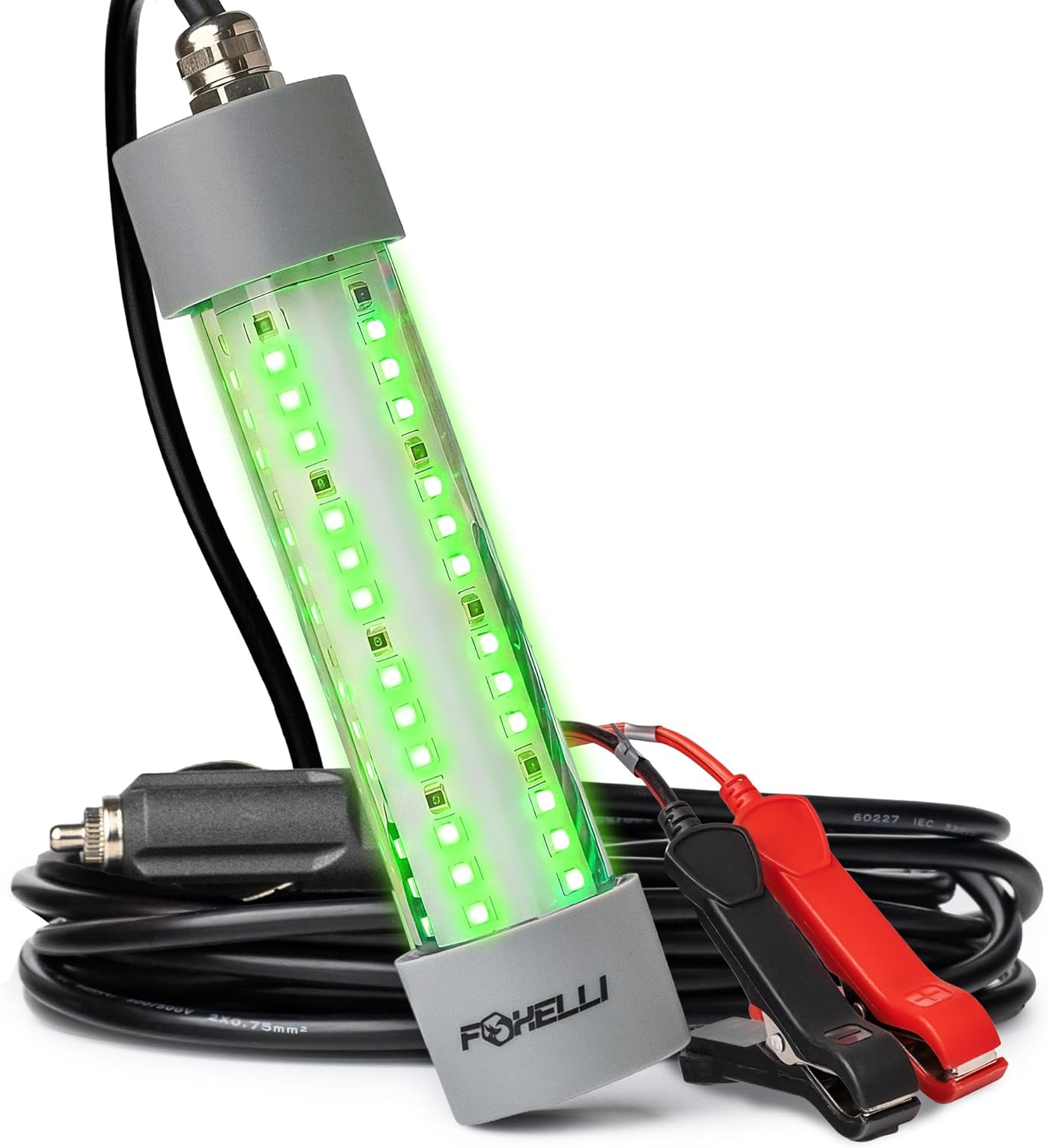 Foxelli Underwater Fishing Light – 3900-Lumen DC12V 30W Submersible IP68 Waterproof Green Fishing Light Attractant with 33ft Cable & Battery Clamps for Night Crappie & Squid