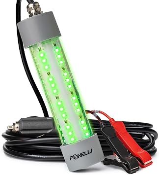 Foxelli Underwater Fishing Light, 3900LM DC12V 30W Green LED IP68 Waterproof Submersible Light for Night Angling with 33ft Cable & Battery Clamps, Crappie & Squid Attractant