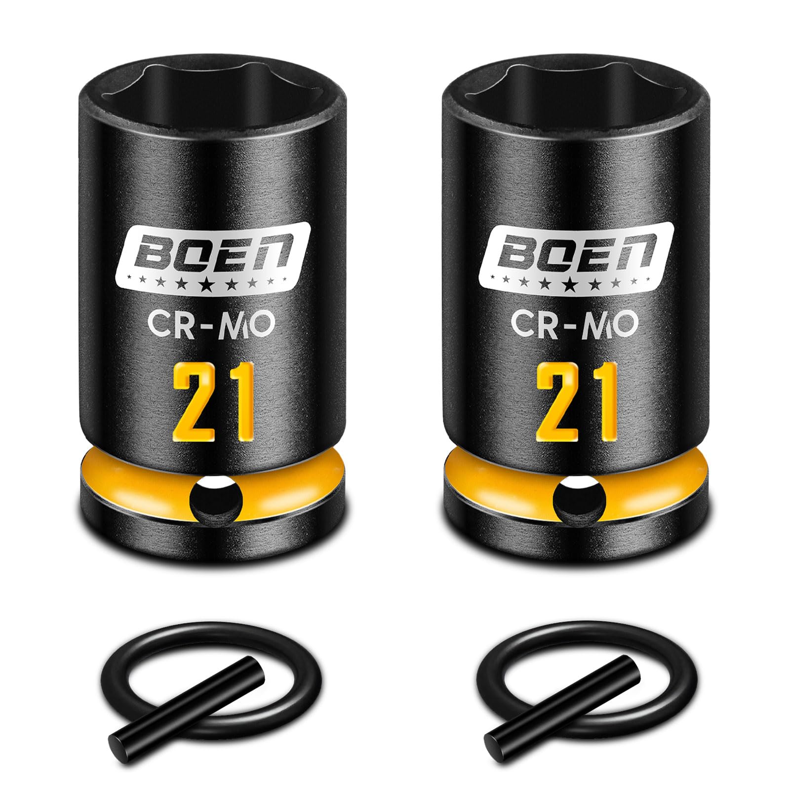 Mr.wintek PRO 2PCS 21mm Scaffolding Impact Sockets 1/2" Drive with Retaining Pin & O-Ring, 6 Point Design and 52mm Length Socket, Deep Yellow Embossed Marking, CR-MO Steel for Scaffolding Coupler