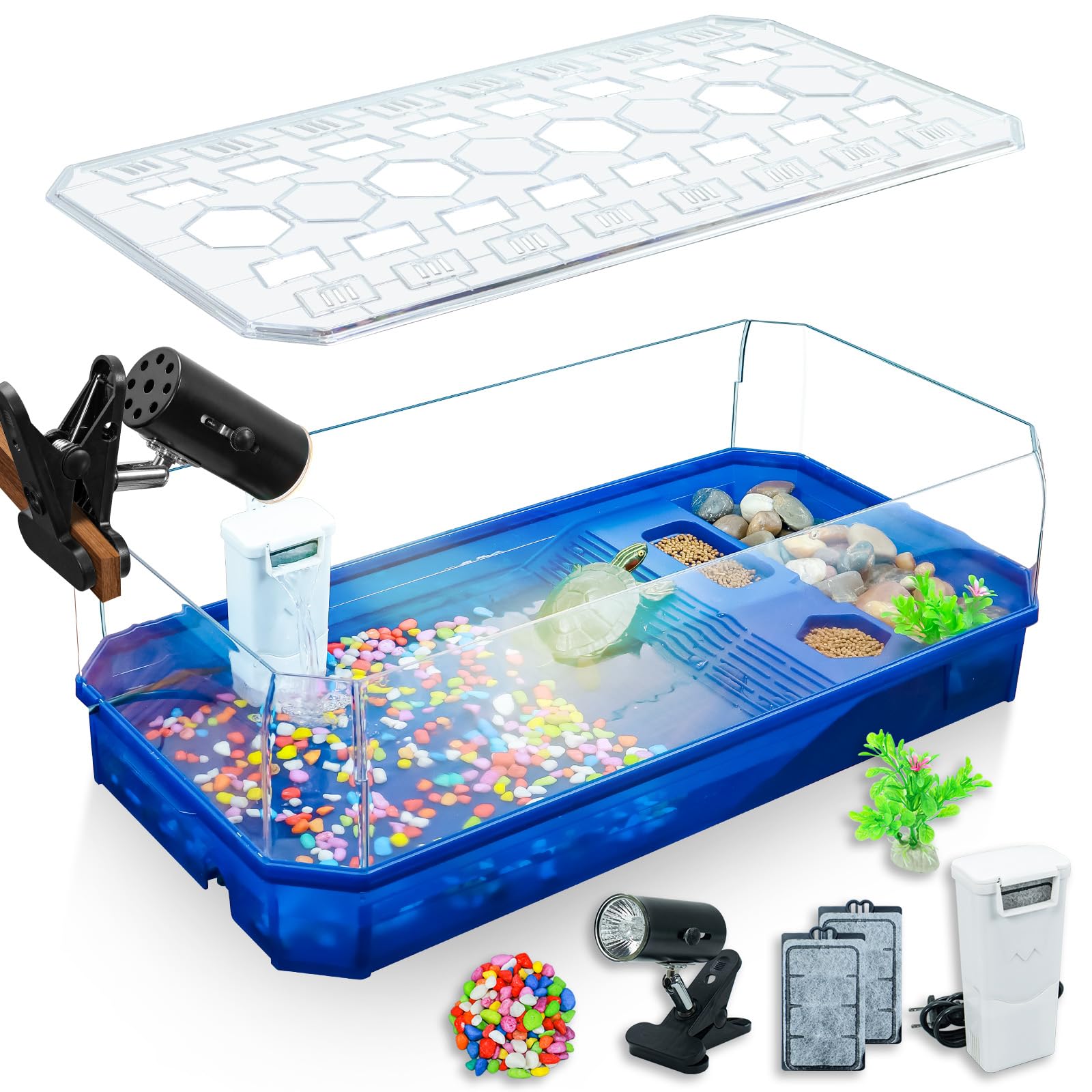 Aquatic Turtle Tank Habitat Kit Stone+Filter+Heat Lamp Enhancing Interaction with 360° Viewing, Standalone Filtration, DIY Creative Zone, Enriched Living (Blue, Large[with Light])