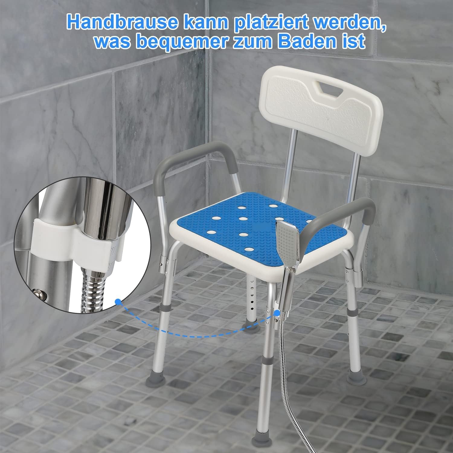 Taboret prysznicowy dla seniorów, krzesło prysznicowe z podłokietnikami i oparciem, regulowana wysokość siedziska 41-53,5 cm, taboret łazienkowy, antypoślizgowy taboret prysznicowy