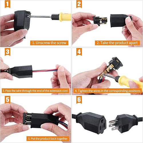 Miniatura 6 de 20 piezas de cable de extensión de repuesto macho y hembra, extremos de cable de extensión 125 V 15a 2 polos, 3 cables, conector macho y hembra,