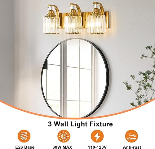 Miniatura 6 de Refice Lámpara de tocador de baño de cristal de 3 luces, accesorios modernos para baño, apliques de pared con acabado de latón cepillado dorado