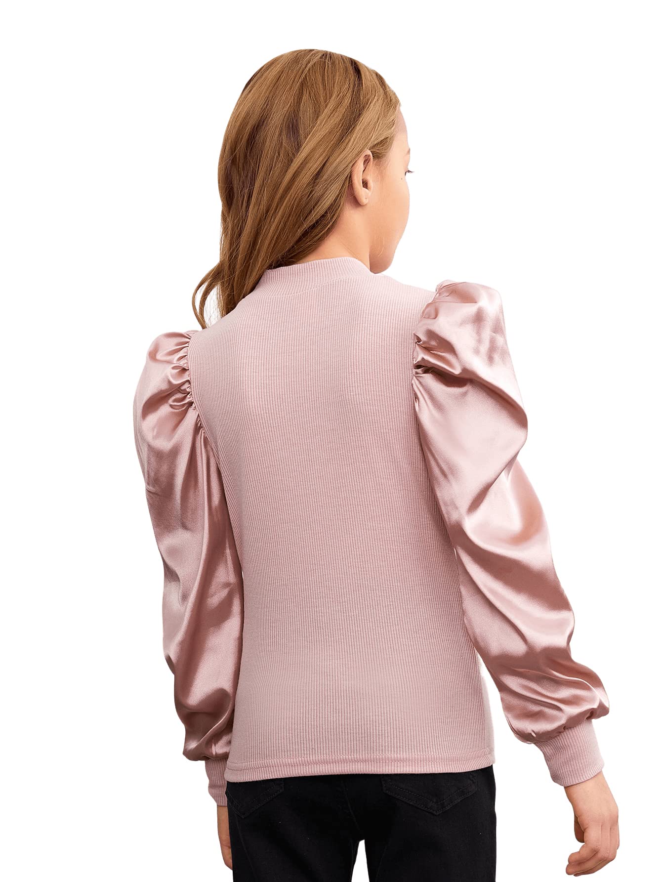 Floerns Girls Casual Puff Long Sleeve Round Neck Rib Knit Blouse Tee Tops Dusty Pink 11-12Y