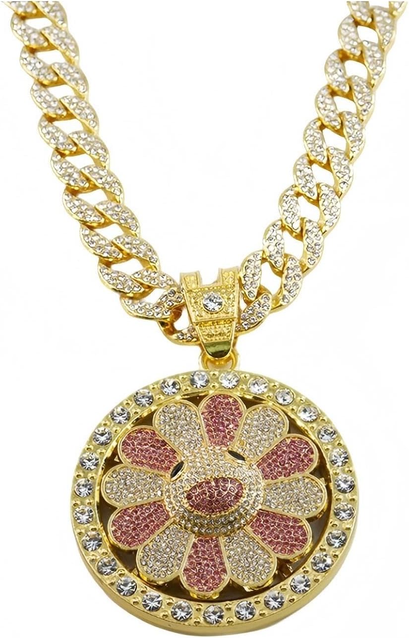 Creative Rotatable Sunflower Necklace, Hip Hop Full Rhinestone Exaggerated Chunky Cuban Chain Flower Pendant, Outdoor Casual Accessories