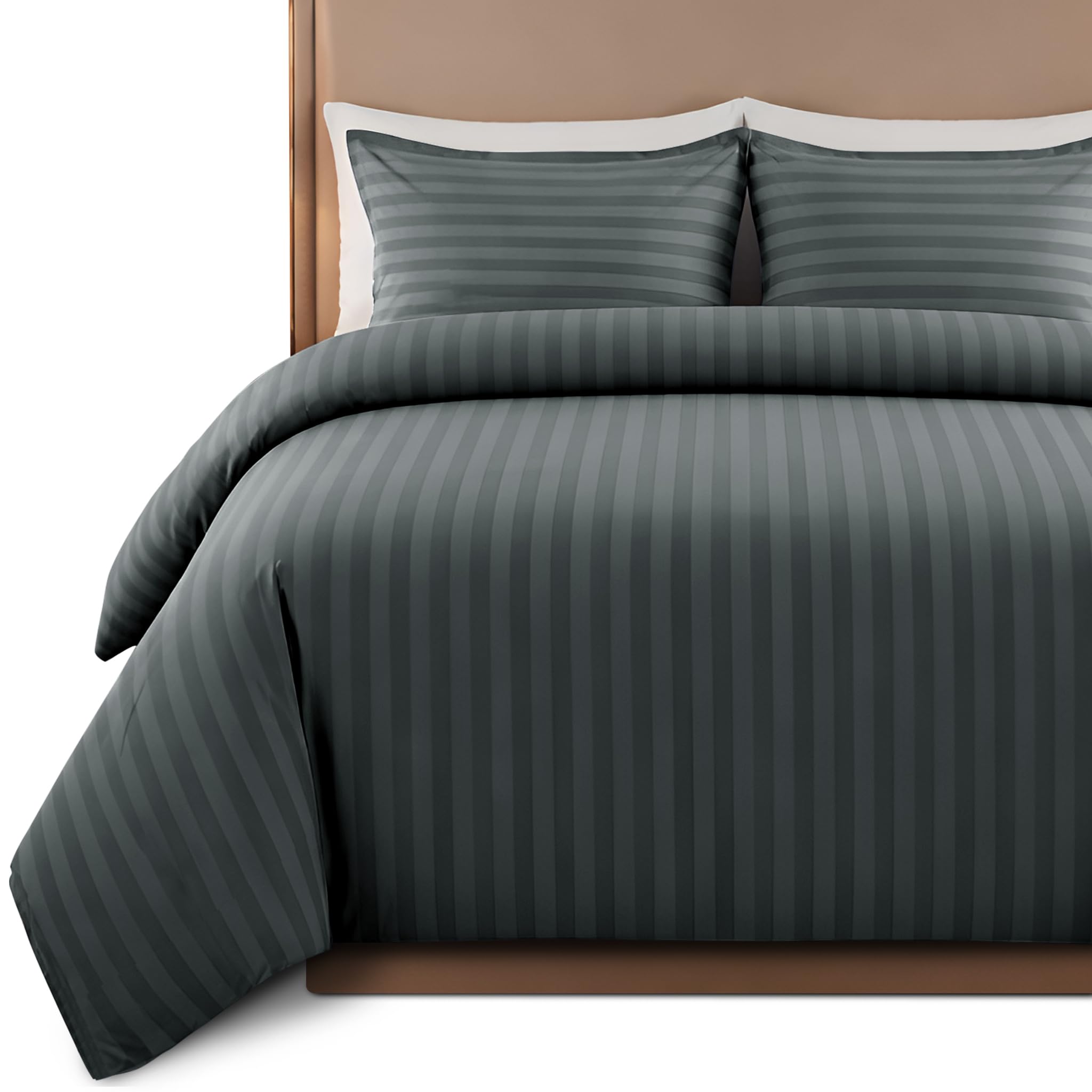 Hafaa Satin Stripe King Size Duvet Cover Sets Charcoal - Premium Hotel Quality Quilt Cover Bedding Sets - Hypoallergenic Ultra Soft Brushed Microfiber Bed Linen โ image 1