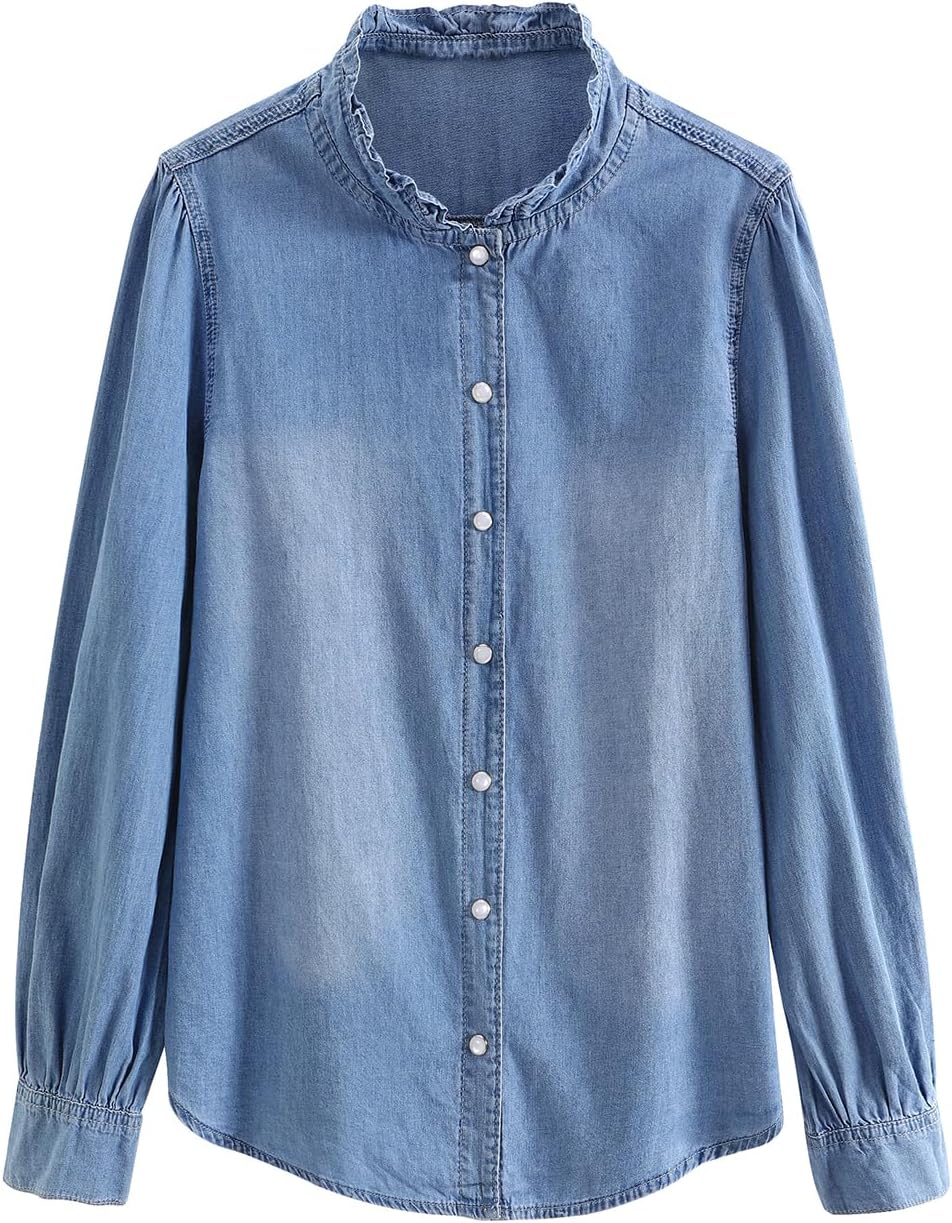 Denim Shirt Women 2026 Ruffle Collar Blouse for Women Western Denim Tops for Women Chambray Shirt Women