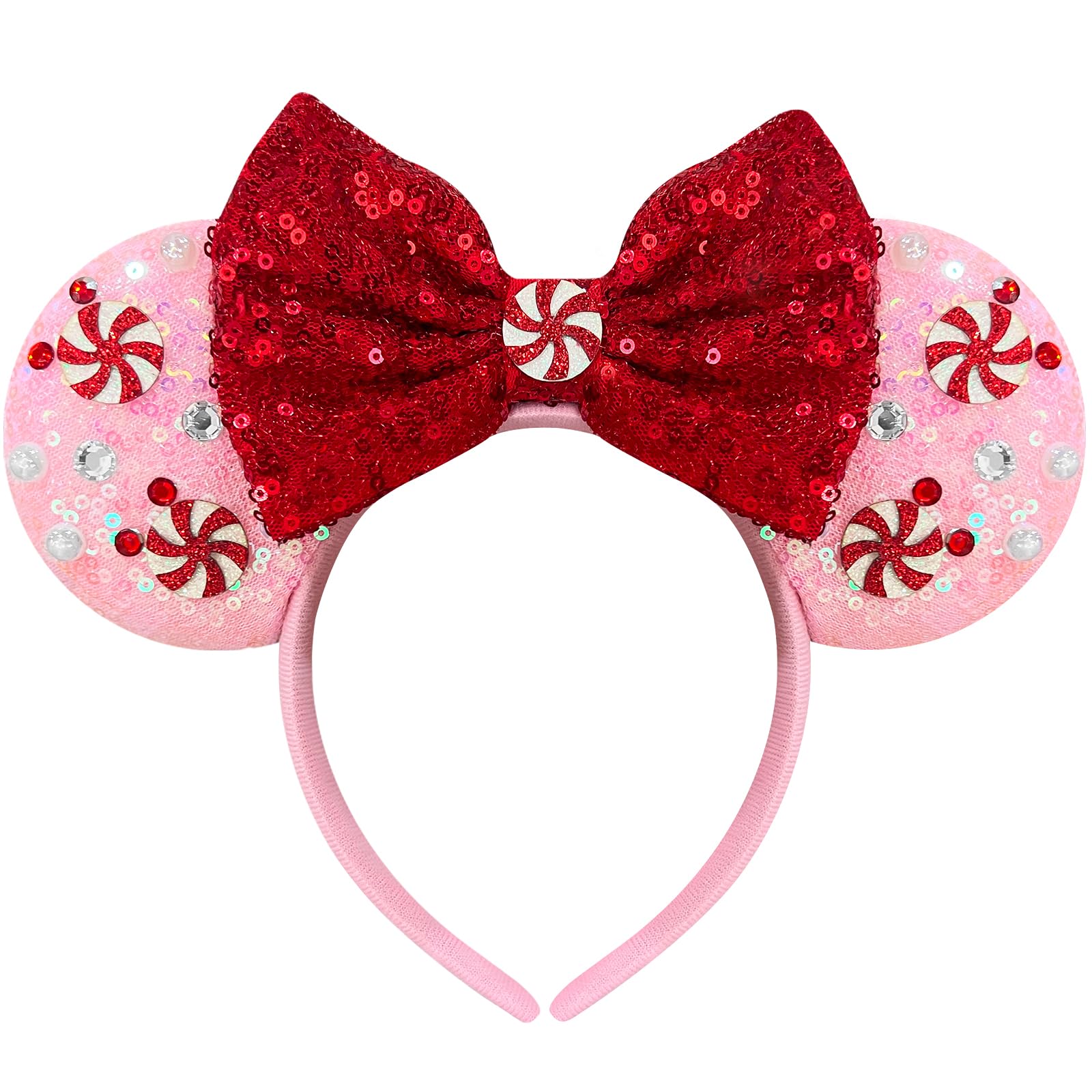 Pink Christams Mouse Ears Headband for Women Red Bows Spiral Beads