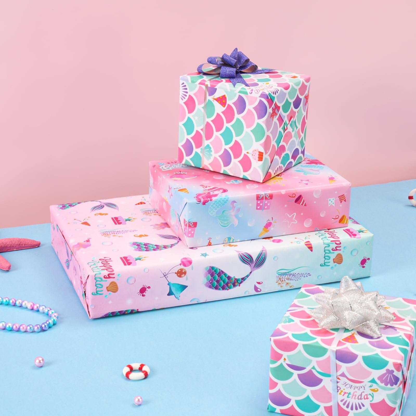 WERNNSAI Mermaid Wrapping Paper - 3 Rolls 17” x 120” Girls Birthday Wrapping Paper Rolls Mermaid Gift Wrap Paper Kids Pink Baby Shower Ocean Theme Party Gift Packing Supply with Cutting Lines