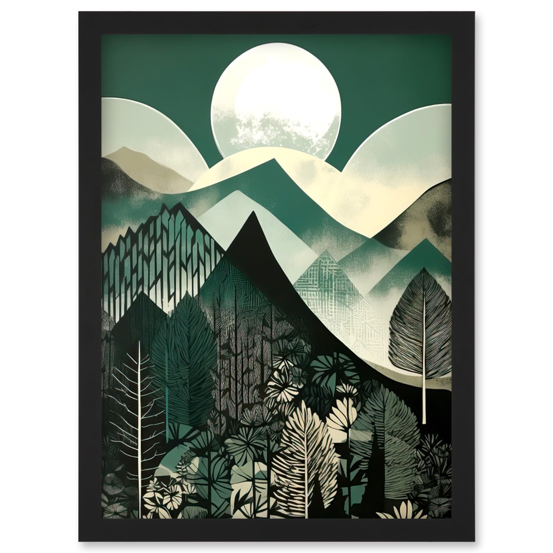 Artery8 Full Moon Over Mountain Forest Linocut Mid Century Sage Green Moonlit Landscape Artwork Framed Wall Art Print A4