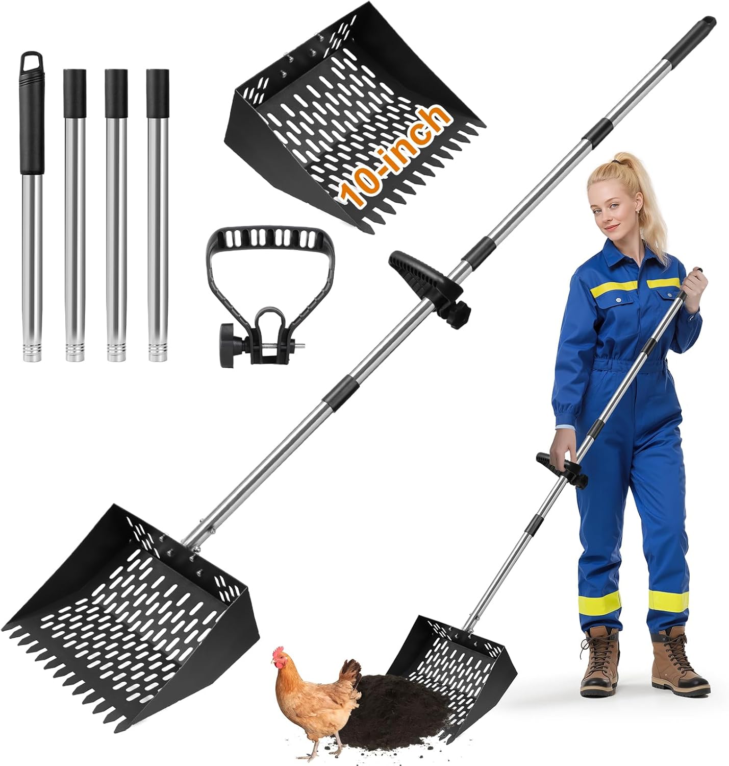 Chicken Poop Scooper for Sand 2-in-1 with Ergonomic Grip, 22 to 64″ Adjustable Handle for Chicken Coop Scoop, Large 10 Inch Litter Sifting Shovel with Rake, Cleaning Tools for Coops & Animal Farm