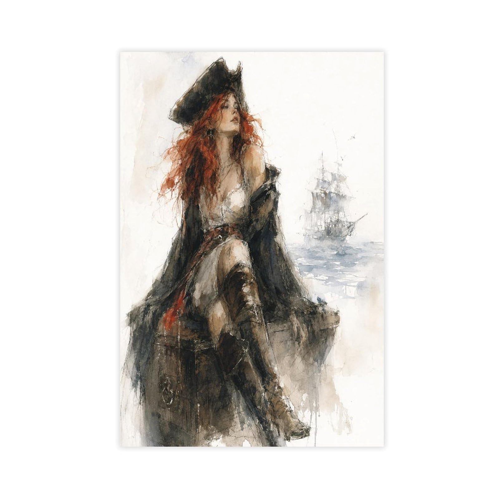 W7c8u2x3 Unframe-Style-23 Pirate Woman Portrait Canvas Wall Art, Stormy Sea Bedroom Wall Art