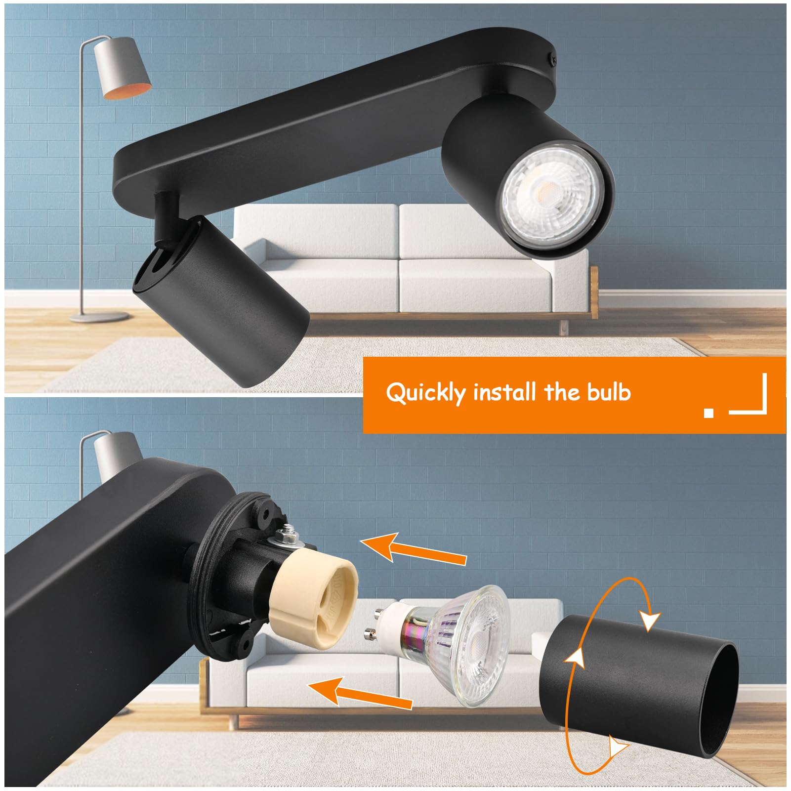 KYOTECH Lámpara de Techo LED Con 2 Focos GU10 Orientables y Giratorios - Plafón Negro Mate Para Dormitorio, Salas - Sin Bombilla