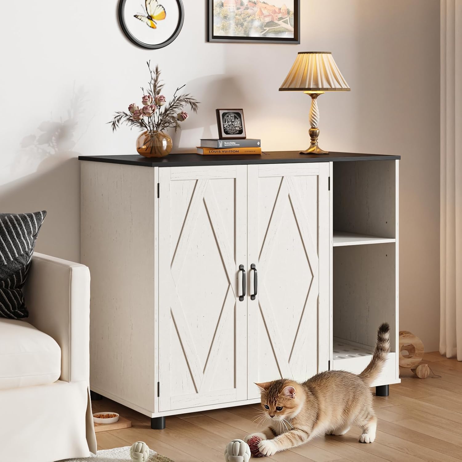 Large Litter Box Enclosure with Litter Collector & Dog-Proof Shelf, Hidden Litter Box Furniture for Self Cleaning Litter Box, Wodden Litter Box Cabinet, Cat Box Enclosure, Side Table, White