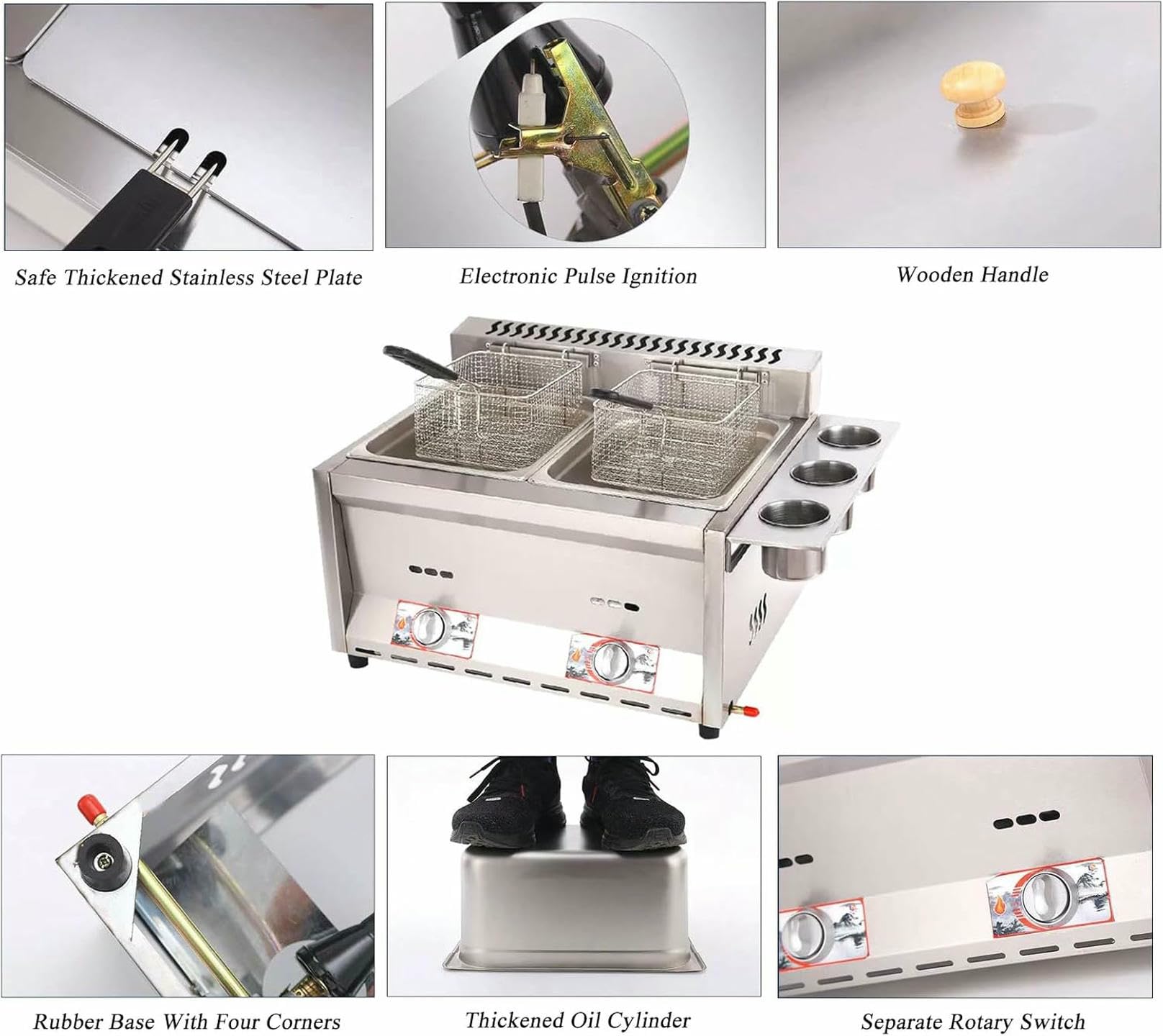 Freidora Industrial de Gas de sobremesa - 2 x 8 L - Acero Inoxidable con Cesta y Tapa - Ideal para Uso doméstico y en restaurantes