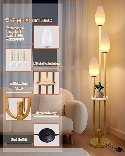 Miniatura 4 de Lámpara de pie dorada con bandeja, lámparas de pie regulables de 3 luces con pantalla en forma de roca, estilo portavelas único, lámpara alta