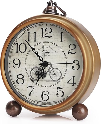 Maxspace Metal Golden Table Clock, Retro Vintage Non-Ticking Small Alarm Clock,Battery Operated Silent Quartz Movement HD Glass Desk Clock for Bedroom Living Room Indoor Decoration Kids… (Gold)