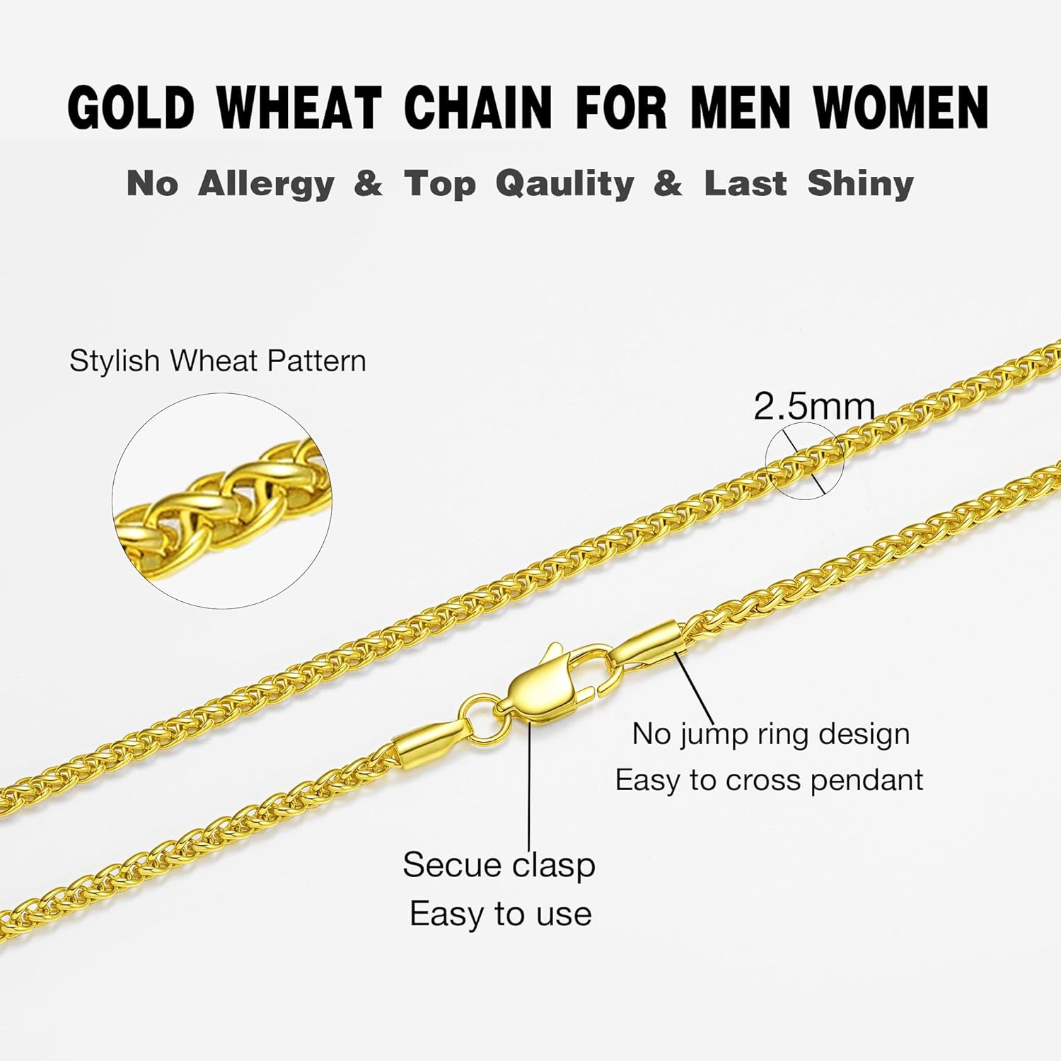 2.5mm/3mm/4mm Silver/Gold Stainless Steel Wheat Chain Necklace Jewelry for Men Women - Image 2