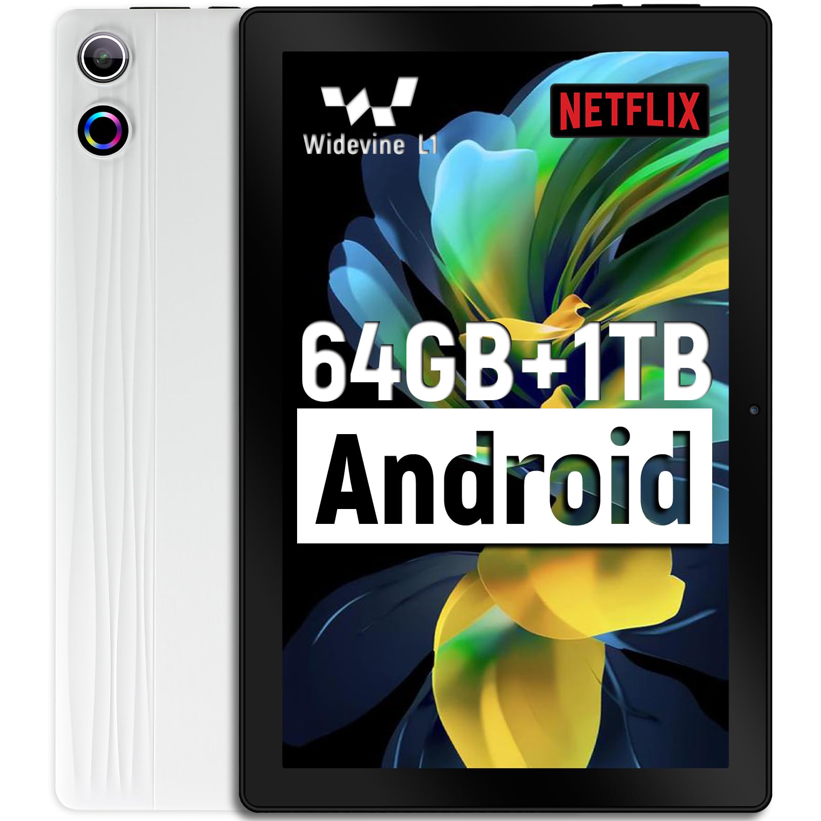 Tablet 10 inch Android 14, Octa-Core, 10GB RAM 64GB ROM 1TB Expandable, Widevine L1, 1280x800 IPS Touchscreen, BT 5.4, Dual Camera with Flash (White)