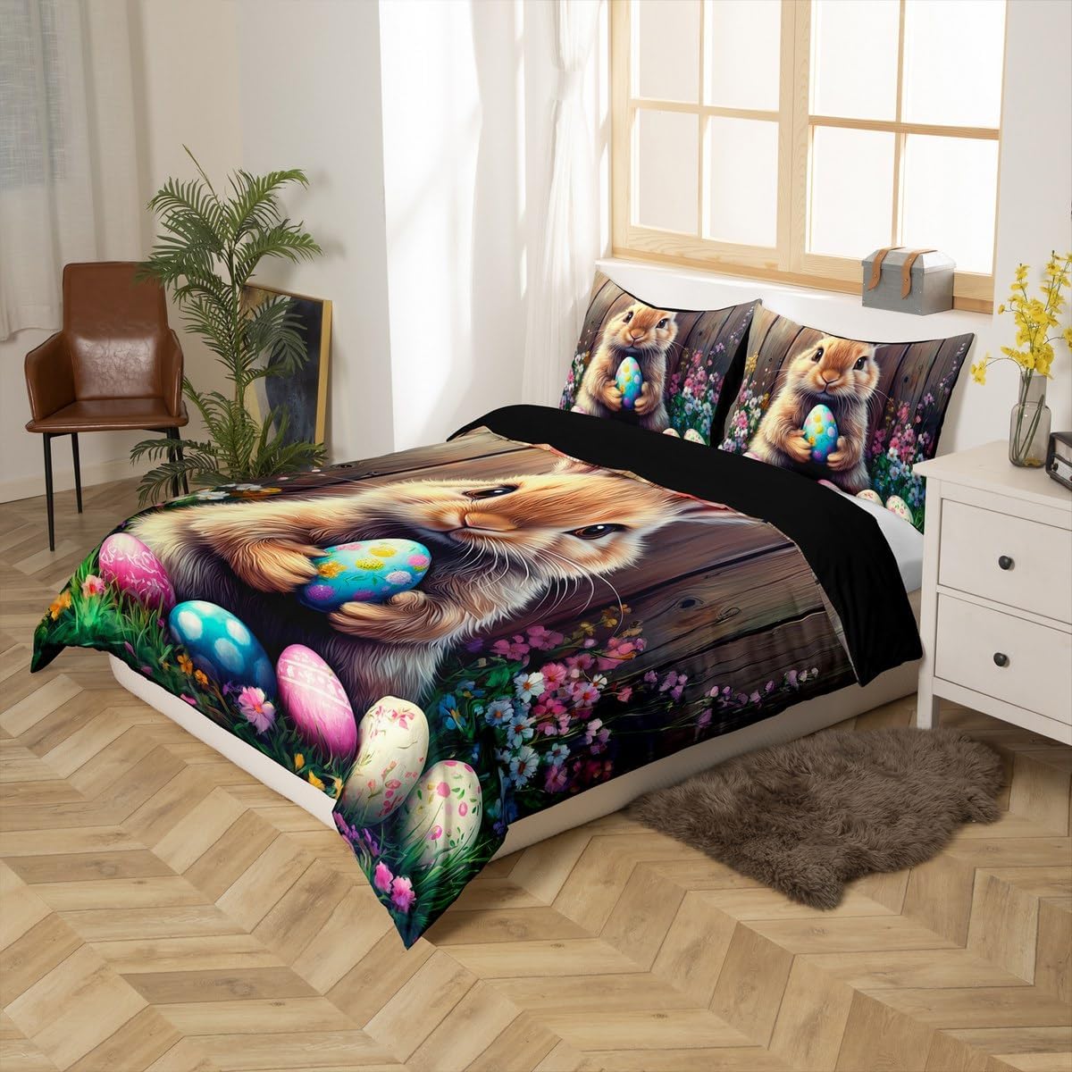 jejeloiu Boys Girls Cute Rabbit Bedding Set Toddler Size, Easter Duvet Cover Kids Bohemian Flower Comforter Cover Cartoon Animal Teens Bedspread Cover Soft Quilt Cover 2Pcs (No Comforter)