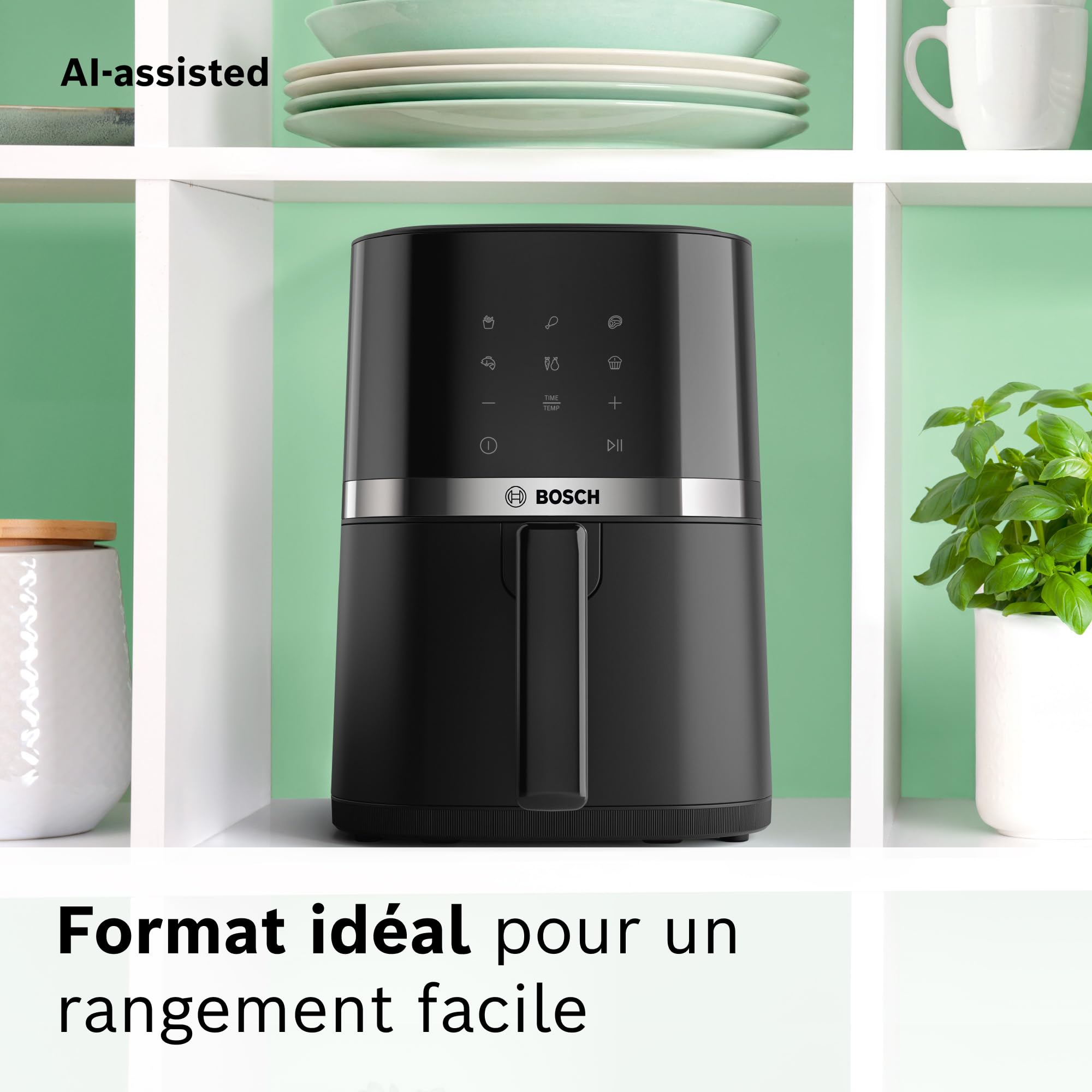 Bosch Air Fryer Série 2, friteuse à air compacte 4L pour jusqu’à 2 personnes, 6 programmes, revêtement non toxique sans PFAS, 1300W, noir, MAF24AB0