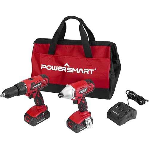 PowerSmart 20V Cordless Drill and Impact Driver Combo Kit with 2pcs 2.0Ah Battery and Charger, Storage Bag included, 2-Tool