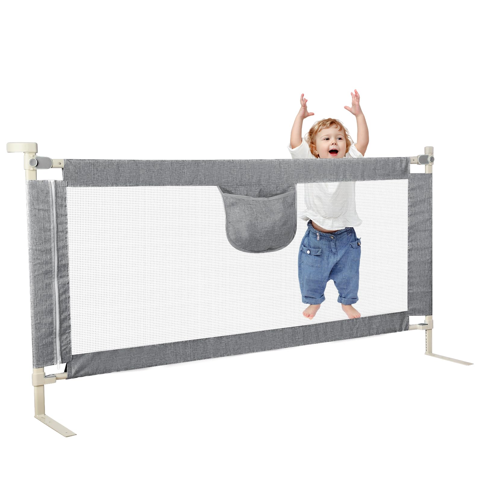 Barrière de lit de 150/180/200 cm, Protection Contre Les Chutes, Réglable en Hauteur 70-105 cm, Barrière de lit pour Tout-Petits, Barrière de lit avec Filet aéré,Facile à Monter (200cm,Gris)
