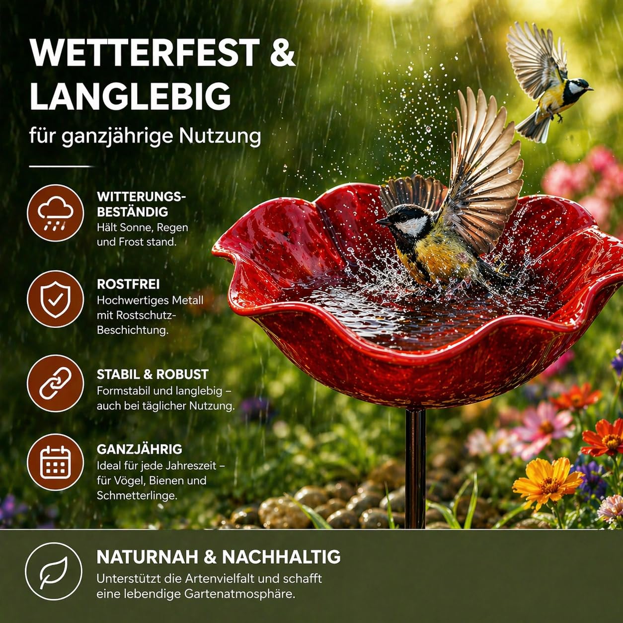 Blumen Gartenstecker Vogeltränke– Handgefertigter Metall Gartenstecker als Bienentränke & Vogelbad, Insekten Tränke für Garten – Geschenk zum Muttertag (Grün,5pcs)