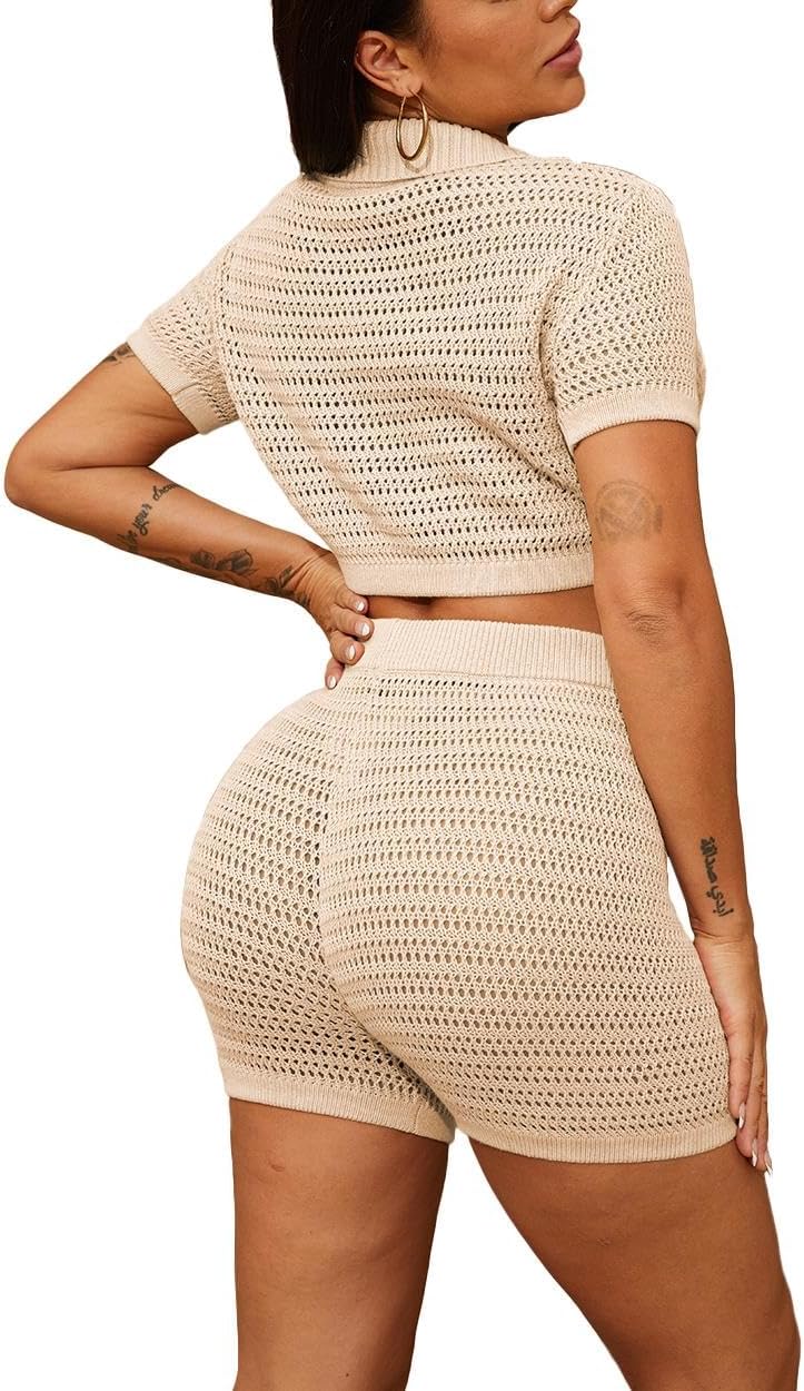 HBQ Womens 2 Piece Crochet Outfits Knit Button Down Shirts Hollow Out See Through Color Block Summer Vacation Short Sets-Block-M - Image 4