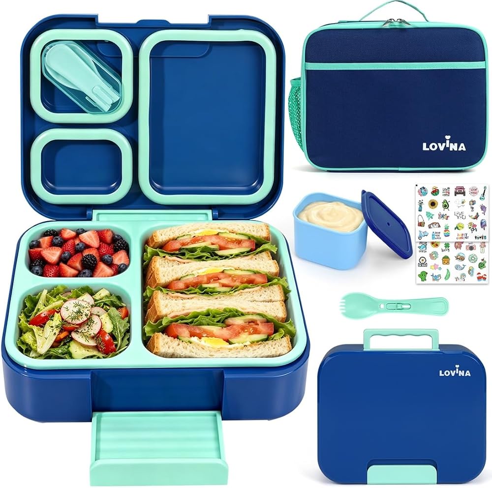 Bento Lunch Box Set For Kids Adult With Thermo Bag, BPA-Free, Leak-proof | 36 OZ Durable, All-In-One Lunch Box Kids Kit With DIY Stickers Sauce Cup, Dishwasher Safe(Blue)