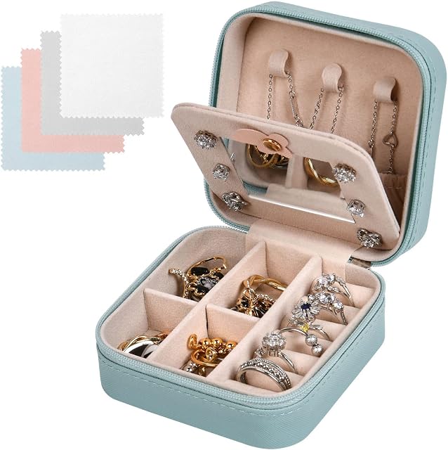 Aucuu Jewelry Organizer With Mirror Jewelry Box, Women's Small Jewelry Organizer, PU Leather Travel Case Jewelry Box for Rings, Studs, Necklaces and Other Jewelry Storage (Tiffany Blue)
