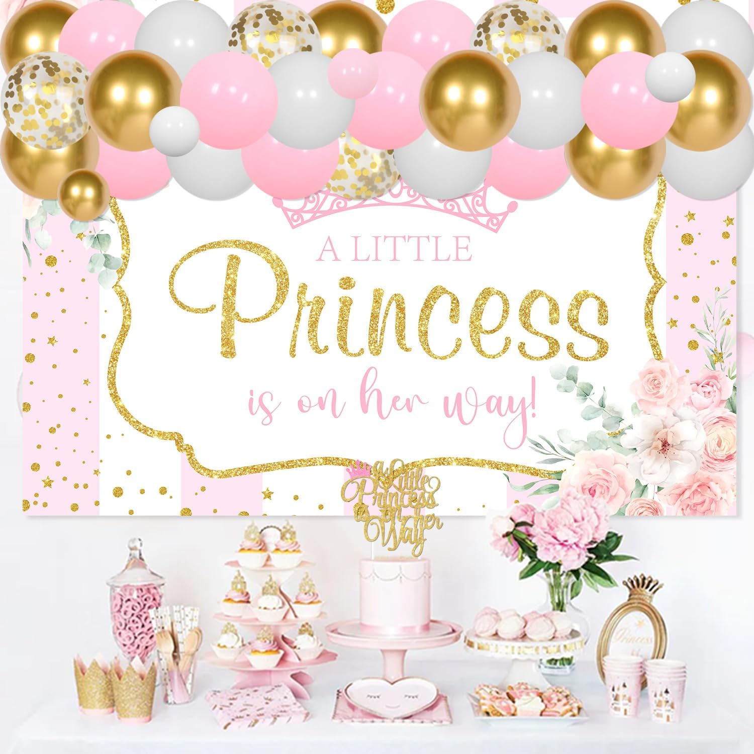 A Little Princess Is on Her Way Backdrop Princess Baby Shower Decorations Cake Toppers White Gold Pink Latex Balloons Garland Arch Kit for Girls Baby Shower Decor Supplies