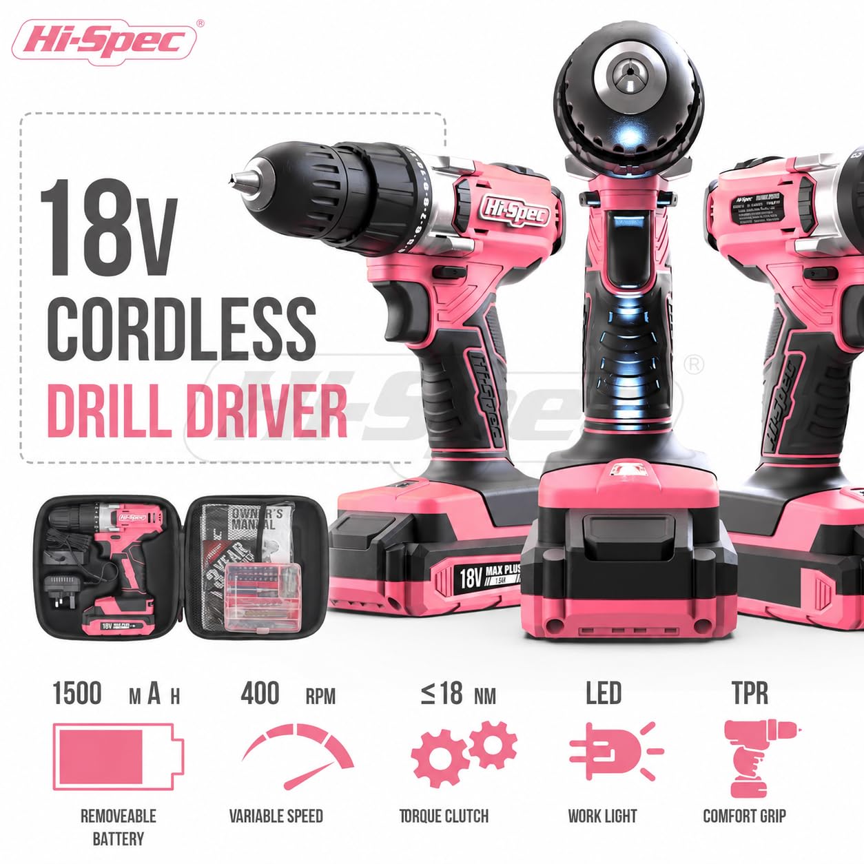 Hi-Spec 18V Cordless Drill Driver Set - Pink -3