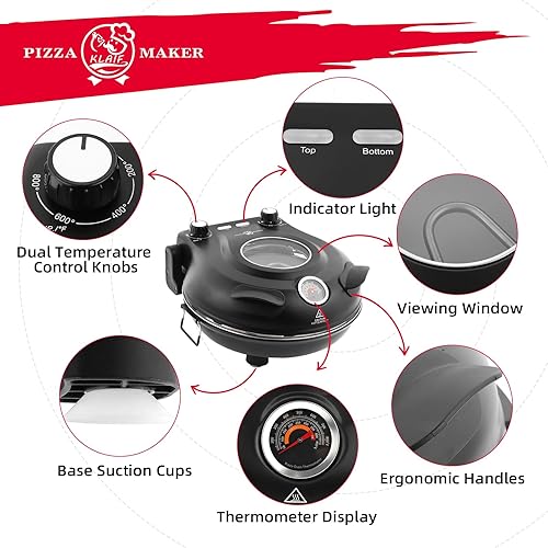 Miniatura 3 de KLAIF Horno eléctrico de pizza de encimera de 12 pulgadas con piedra de cerámica, control de temperatura ajustable doble, incluye 4 herramientas