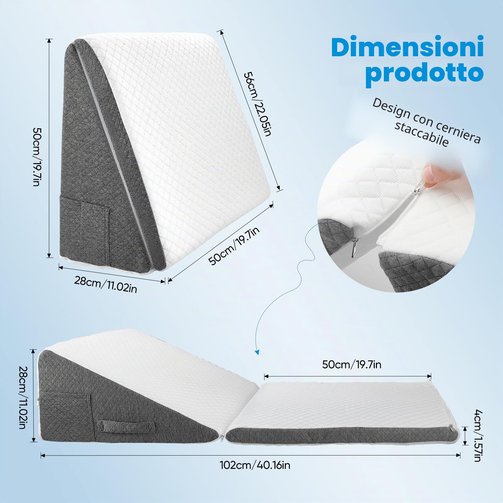 Cuscino a cuneo per letto e divano, L50 x 50 x 26 doppio cuscino da lettura con rivestimento lavabile, memory foam, in caso di russare e per un maggiore comfort sul collo e sulla schiena