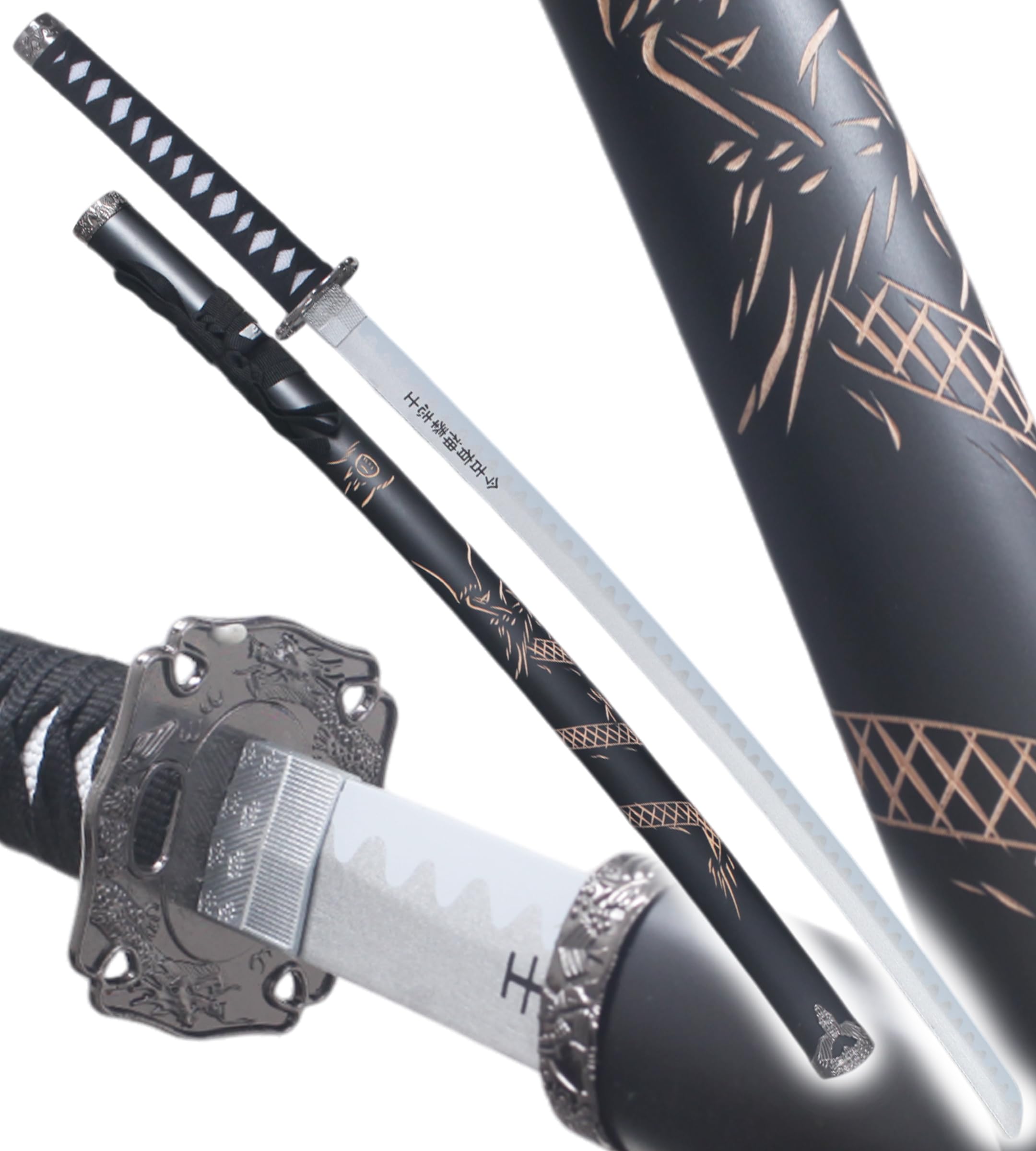 Set 3 Katanas en Bois Lame en Bois Katana Wakizashi Tanto Epee Sabre Katana Japonais Katana Dragon Black Edition Cosplay + Presentoir