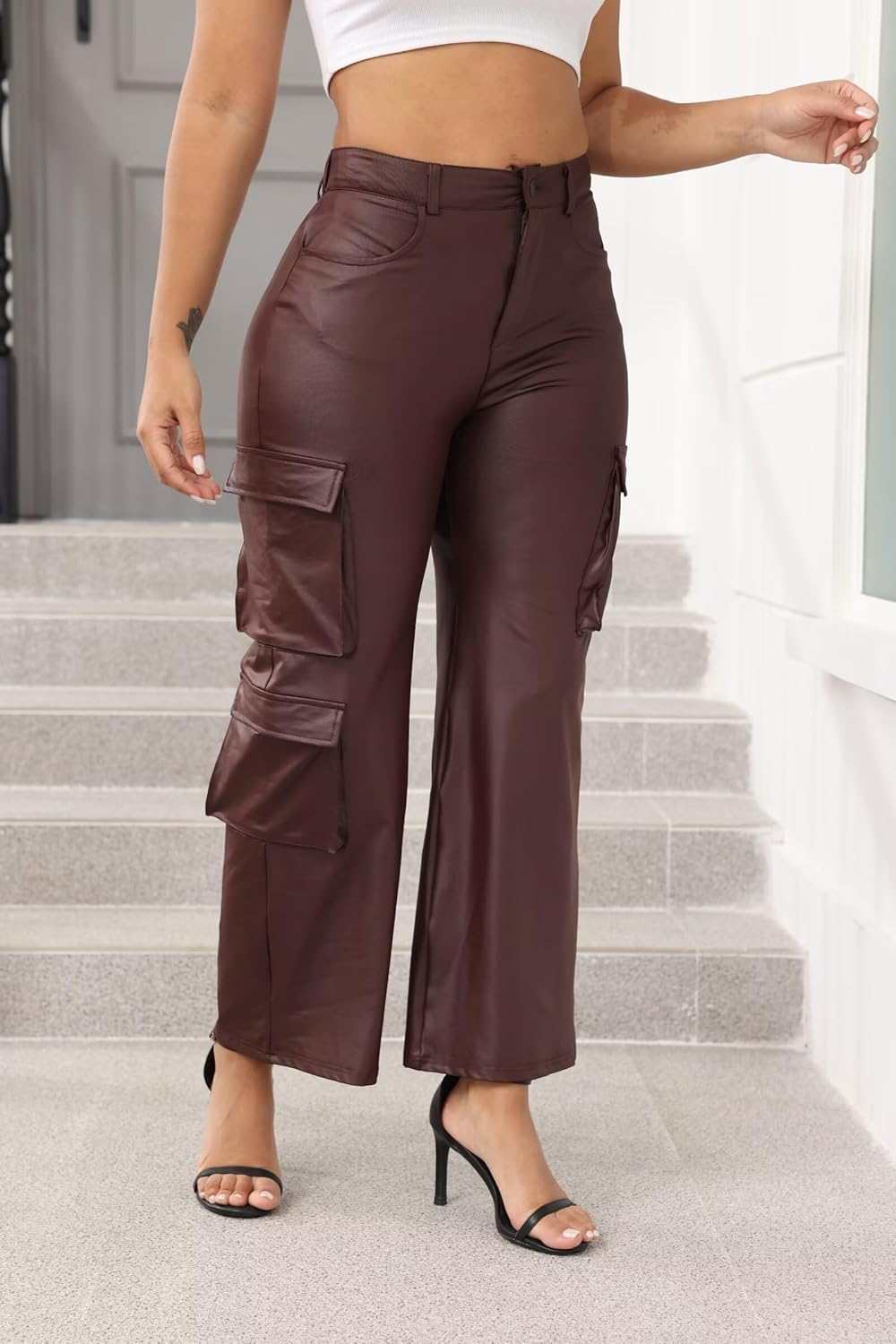 Ryehack Faux Leather Pants for Women Y2K High Waisted Wide Leg Cargo Pants PU Trousers with Pockets - Image 3