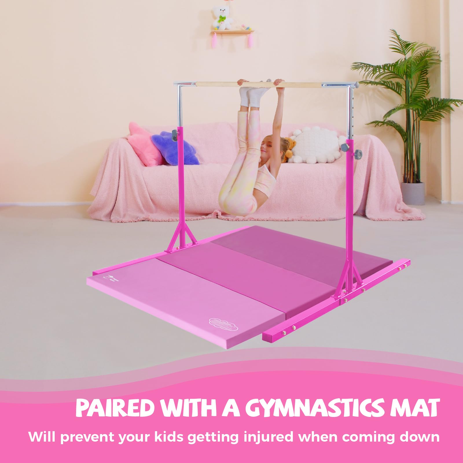 Kangaroo Hoppers Gymnastics Bar with Mat for Kids 3-15, Adjustable 35.4