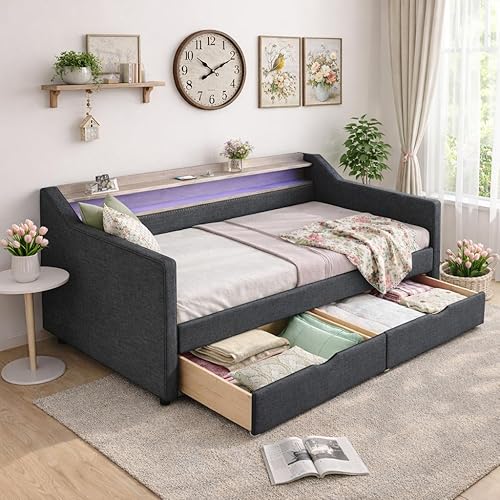 Miniatura 14 de Ball & Cast Sofá cama tamaño individual con dos cajones y tapizado en lino, estructura de cama de madera con respaldo copetado con botones y brazos