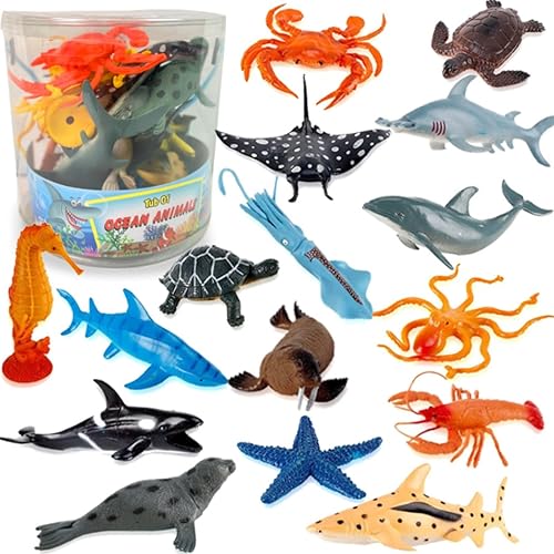 Liberty Imports Cubo de juguetes de animales marinos del océano, 16 piezas grandes de criaturas submarinas de aguas profundas, figuras de juguete