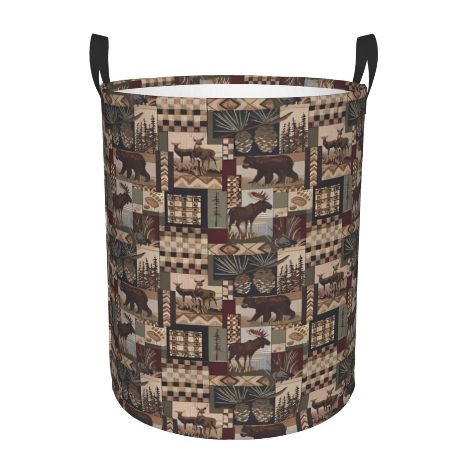 M Circular Hamper Rustic Lodge Bear Print Storage Basket for Home