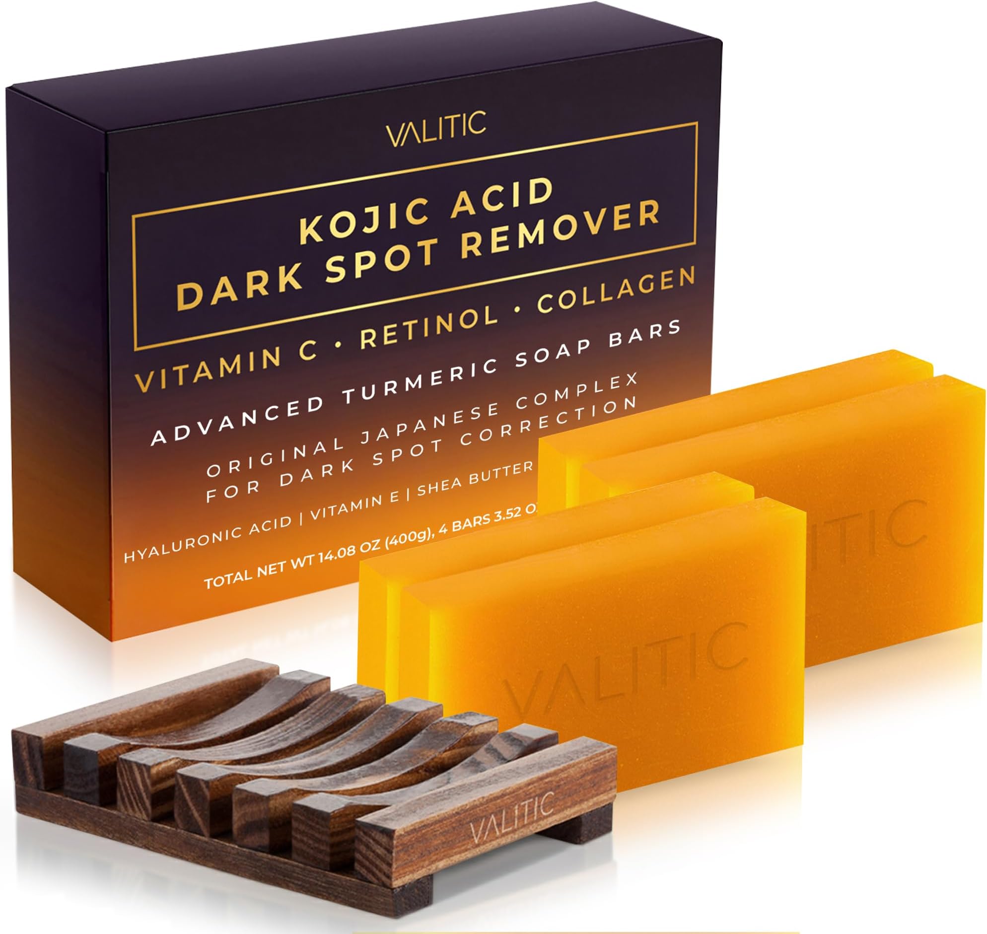Valitic Kojic Acid Dark Spot Remover Soap Bar with Vitamin C, Retinol, Collagen, Turmeric - Original Japanese Complex - Hyaluronic Acid, Vitamin E, Shea Butter, Castile Oil (4 Pack) With Soap Holder