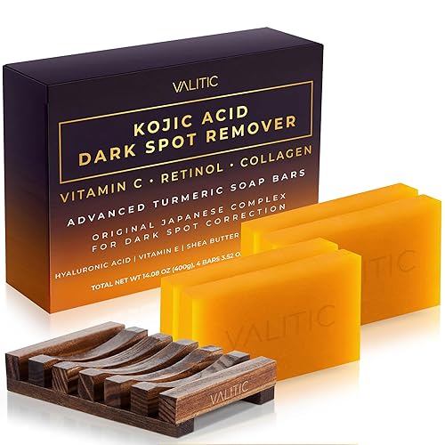Valitic Kojic Acid Dark Spot Remover Soap Bar with Vitamin C, Retinol, Collagen, Turmeric - Original Japanese Complex - Hyaluronic Acid, Vitamin E, Shea Butter, Castile Oil ( 4 Pack ) With Soap Holder - 4 Pack + Holder