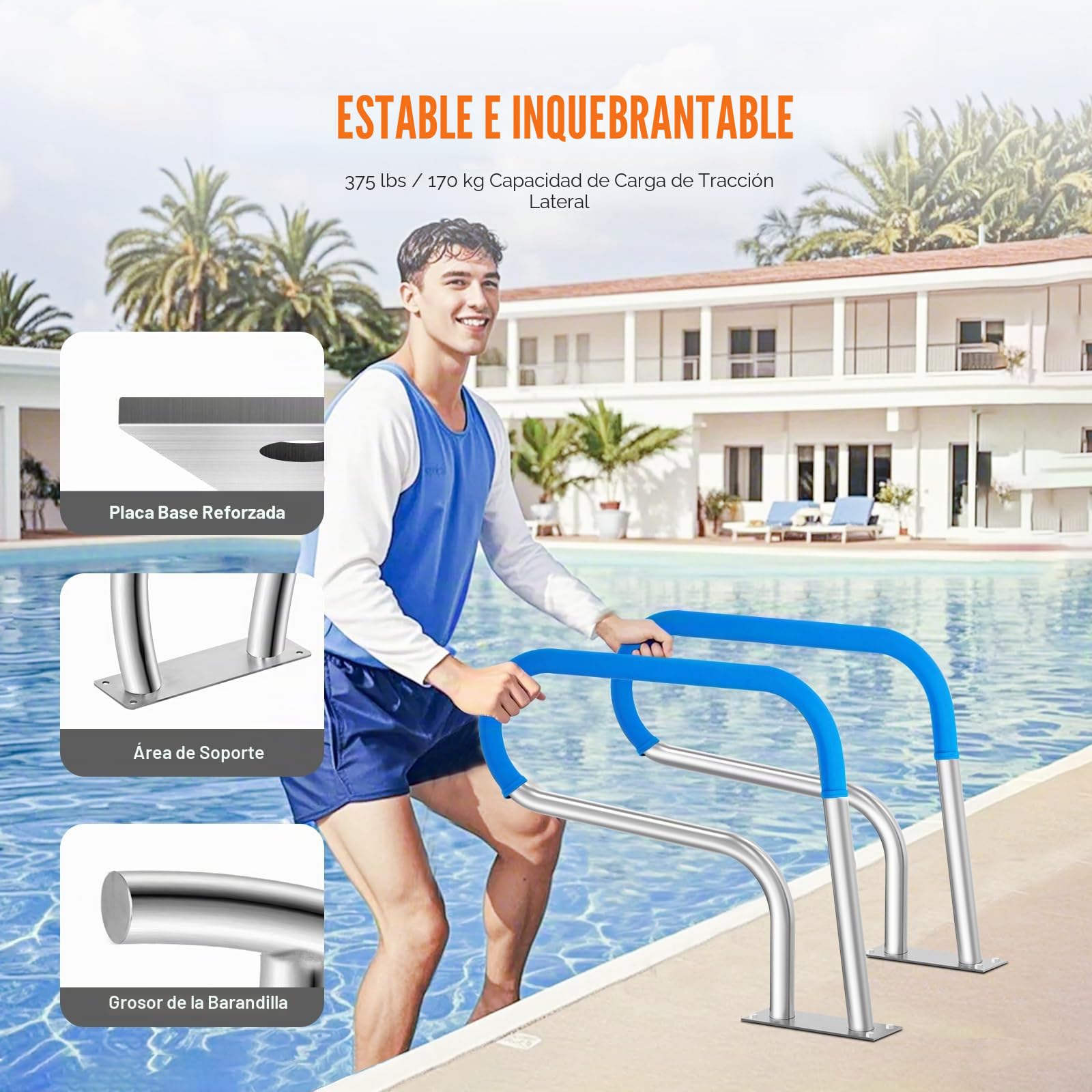 VEVOR Barandilla para Piscina 805 x 585 mm Pasamanos para Piscina de Acero Inoxidable con Placa Base Barra de Seguridad Antioxidante para Piscinas, Interiores, Exteriores, Terrazas, Blanco plateado