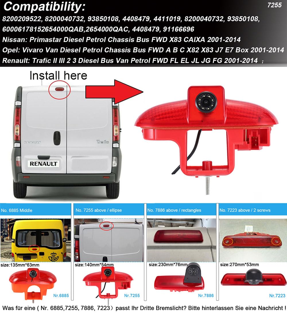 Kit caméra de recul de feu stop HD avec moniteur rétroviseur, caméra de recul de remplacement pour Renault Trafic II III Diesel Essence Traction avant FL EL JL JG FG/Nissan Primastar Diesel Essence