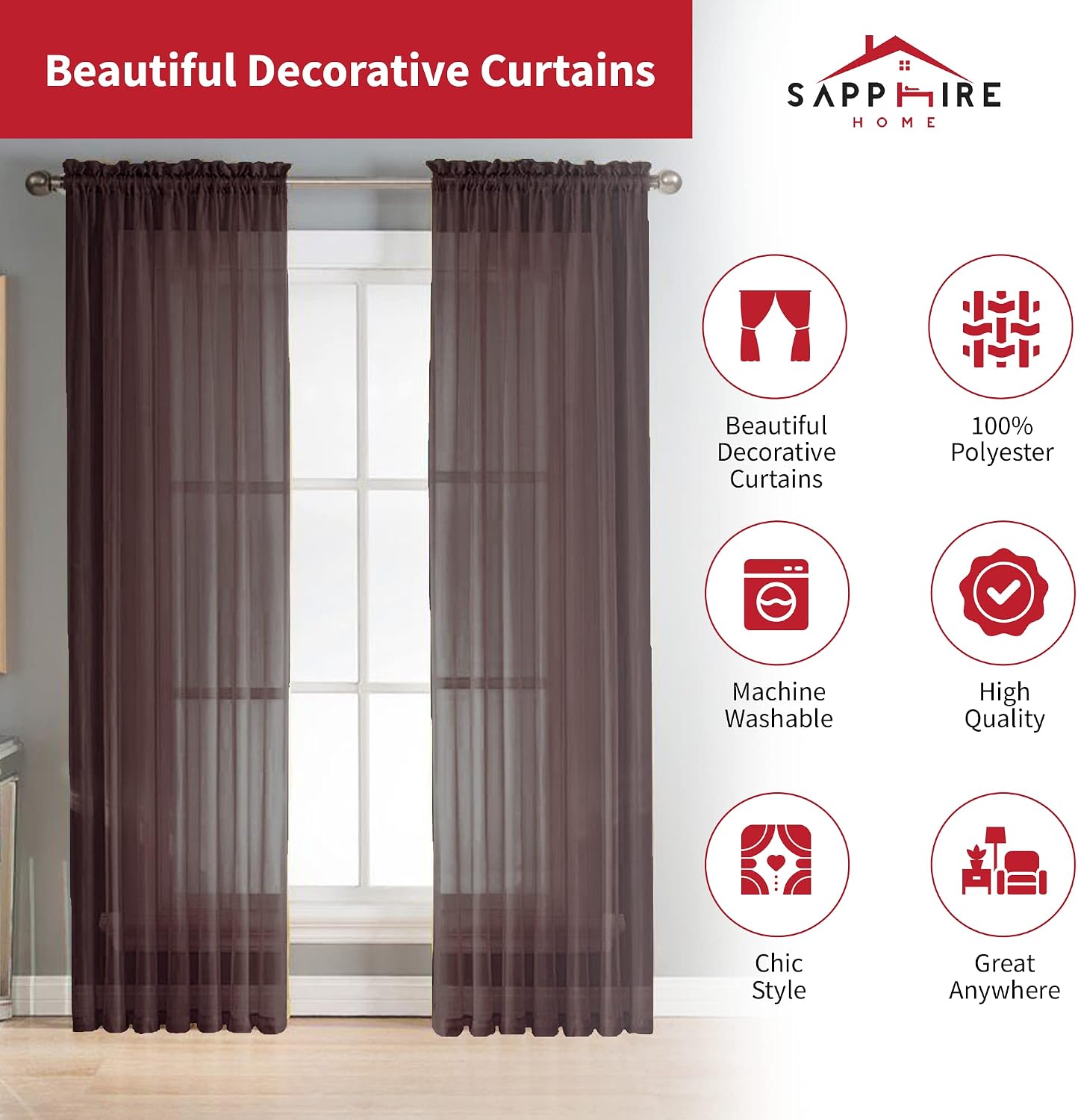 Sapphire Home Brown Sheer Curtains - 84 Inches Length, 2 Panels Set Sheer Drapes, Light Filtering Textured Window Curtain for Living Room, Bedroom, Kitchen, and Dining Room - 54"x84", Brown