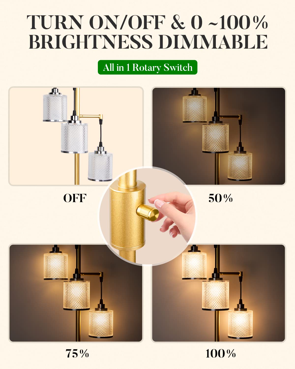 bulbeats Dimmable Floor Lamp with 0%-100%, Floor Lamp with 3pcs LED Bulbs (Included) Plastic Shatterproof Lampshade Gold Mid-Century Modern Light for Living Room/Bedroom