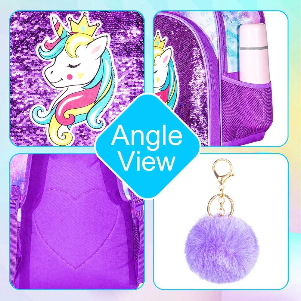 3PCS Girls Backpack, 16" Kids Sequins Unicorn Bookbag with Lunch Box, School Bags for Elementary Preschool Kindergarten - Purple
