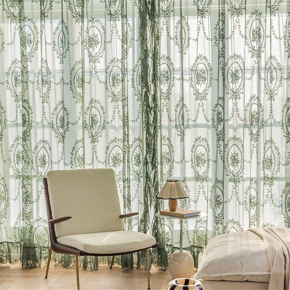 Lot de 2 rideaux en dentelle brodée florale vert sauge avec volants pour chambre à coucher | Rideaux transparents à volants style princesse française rétro pour salon, 99 x 178 cm (l x L)